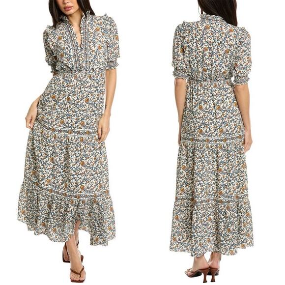 MAX STUDIO Tiered Floral Midi Dress Cream Multi Ruffled Boho - Picture 1 of 14